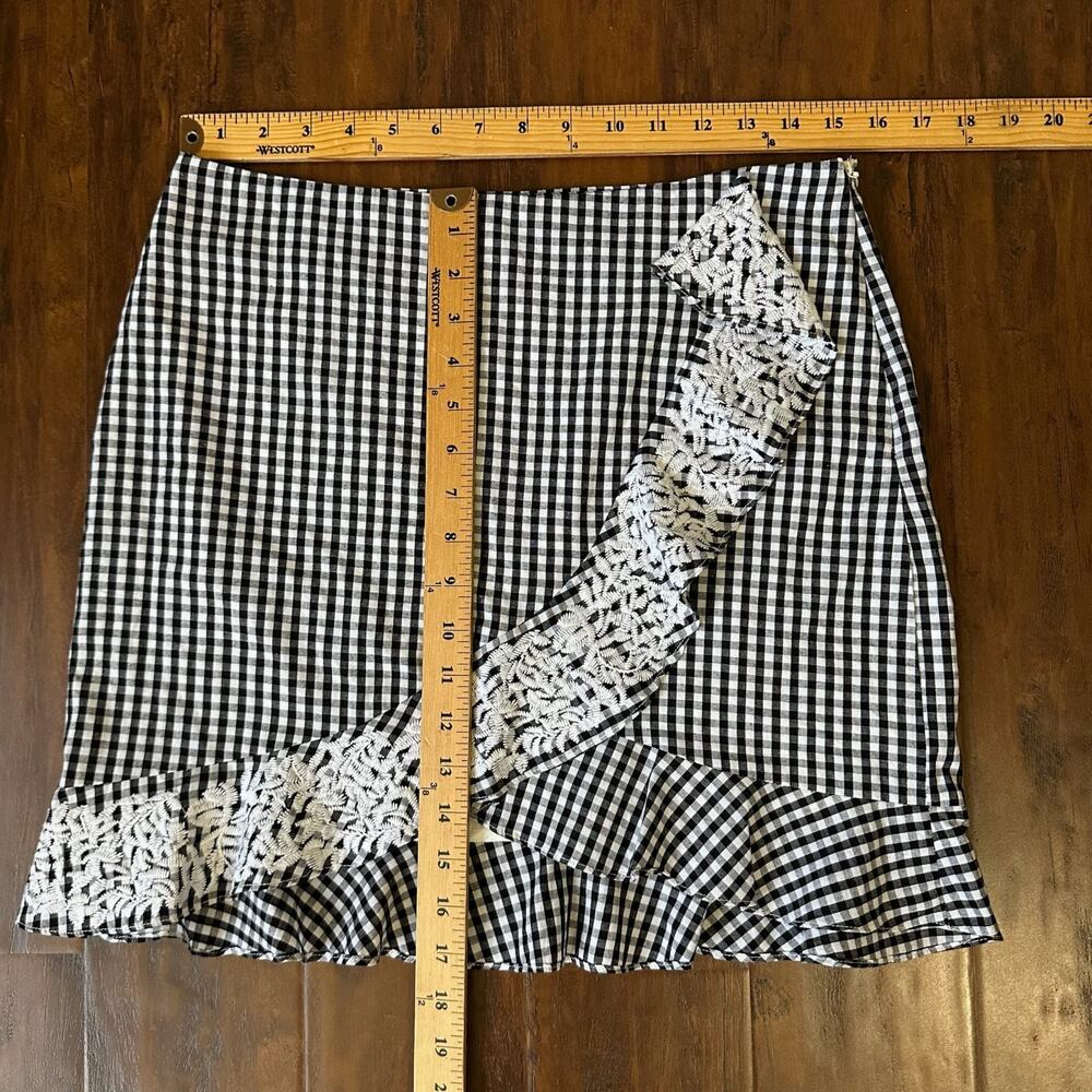J.MARIE Mini Skirt Black White Gingham Lined Ruffled Faux Wrap Cotton - Picture 9 of 9